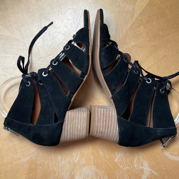 Lucky Brand Genevie Black 8.5M Lace Up Zip Back Cutout Open Toe Chunky Heels - Picture 7 of 9